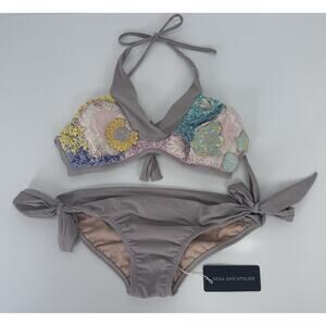 ⭐️ Rosa Cha Atelier Taupe w Pastel Bikini Swimsuit Sz M Knitted Flower Details